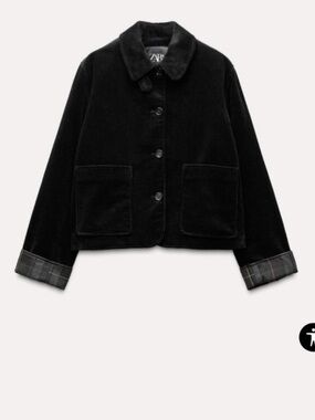 Zara Black Corduroy Jacket with Plaid Cuff Detail